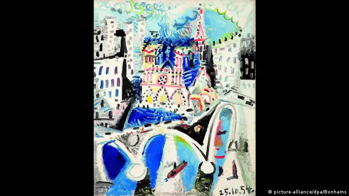 A brightly colored Notre Dame in a cubist style surrounded by plain buildings (picture-alliance/dpa/Bonhams)