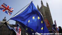 TOPSHOT - Activists wave EU flags near the Houses of Parliament in central London on April 10, 2019. - The EU's chief Brexit negotiator said Tuesday that the length of any delay to the divorce that the bloc may grant Britain will depend on what plan Prime Minister Theresa May brings to a crunch summit. (Photo by Tolga AKMEN / AFP) (Photo credit should read TOLGA AKMEN/AFP/Getty Images)