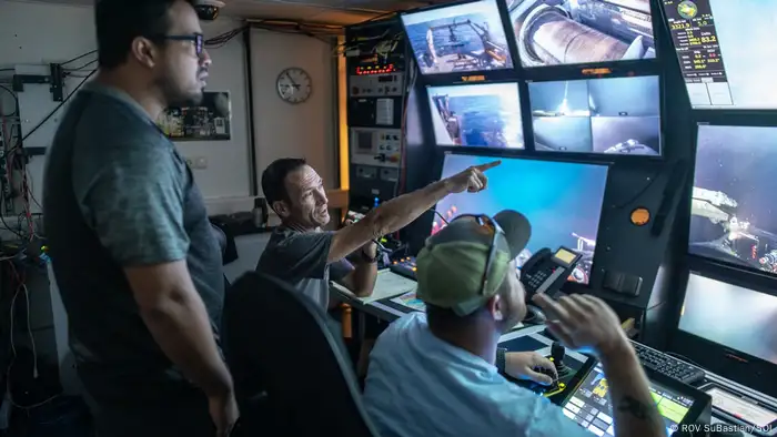 Marine biologists steering a remotely controlled submarine at Pescadero Basin (ROV SuBastian/SOI)