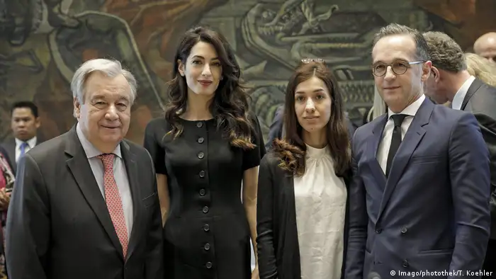 UN Secretary General Antonio Guterres, human rights lawyer Amal Clooney, Nobel Peace Prize laureate Nadia Murad and German Foreign Minister Heiko Maas