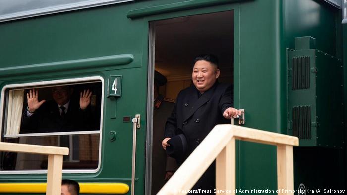 North Korean leader Kim Jong Un disembarks from a train during a welcoming ceremony at a railway station in the far eastern settlement of Khasan, Russia April 24, 2019