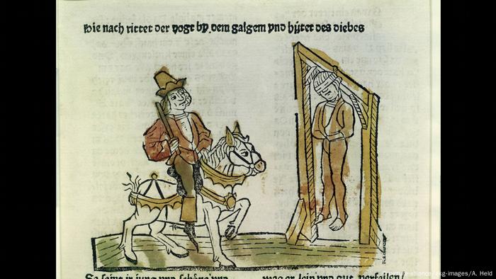 Drawing of a hanging man and another on a horse.