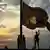 трое мужчин спускают флаг Шри-Ланки