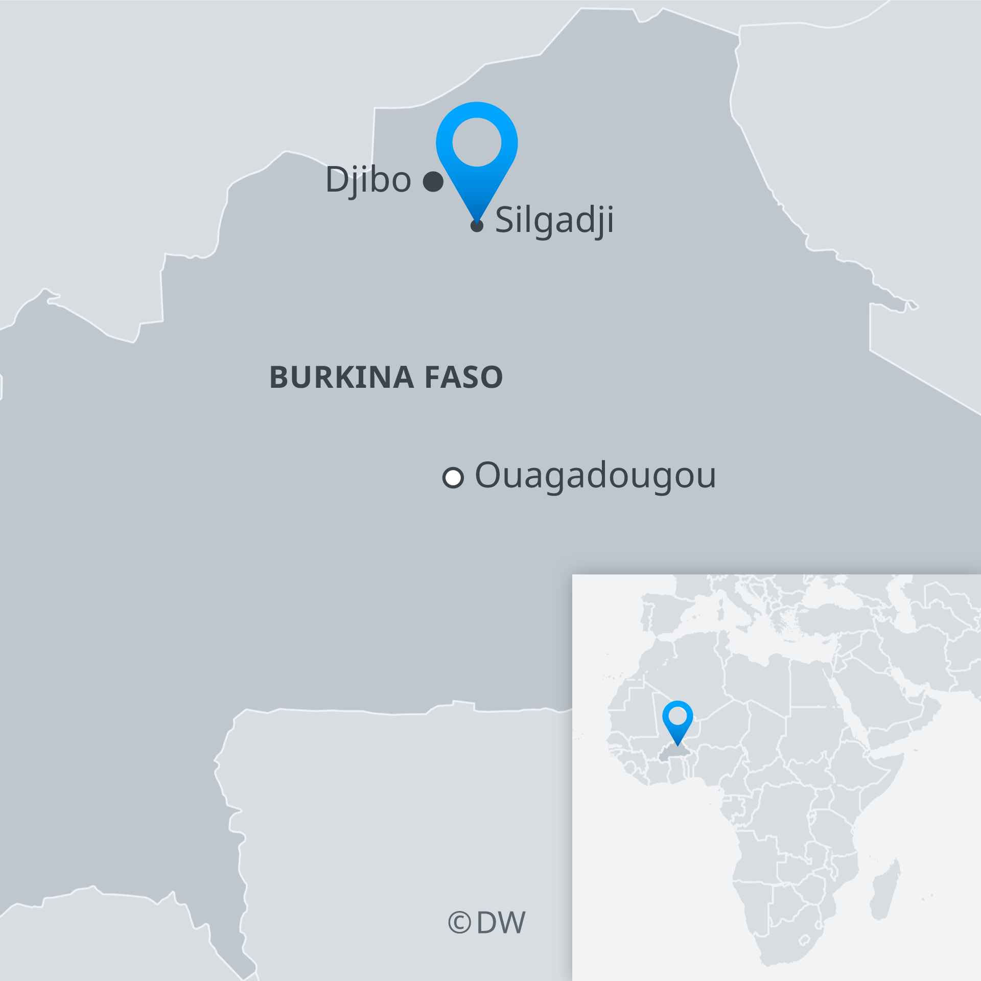 Map of Burkina Faso with Ouagadougou, Djibo, Silgadji