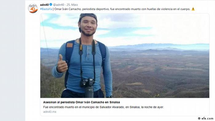 El periodista deportivo Omar Iván Camacho fue asesinado, y su cuerpo encontrado bajo un puente en La Escalera, Salvador Alvarado, estado de Sinaloa. Su cuerpo presentaba signos de violencia y huellas de esposas. Iván Camacho es el sexto periodista asesinado hasta el 24 de marzo de 2019, y el segundo asesinado en solo 10 días. 