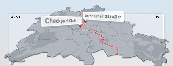 Karte Berlin mit Mauerverlauf und Grenzübergängen (Grafik; DW)