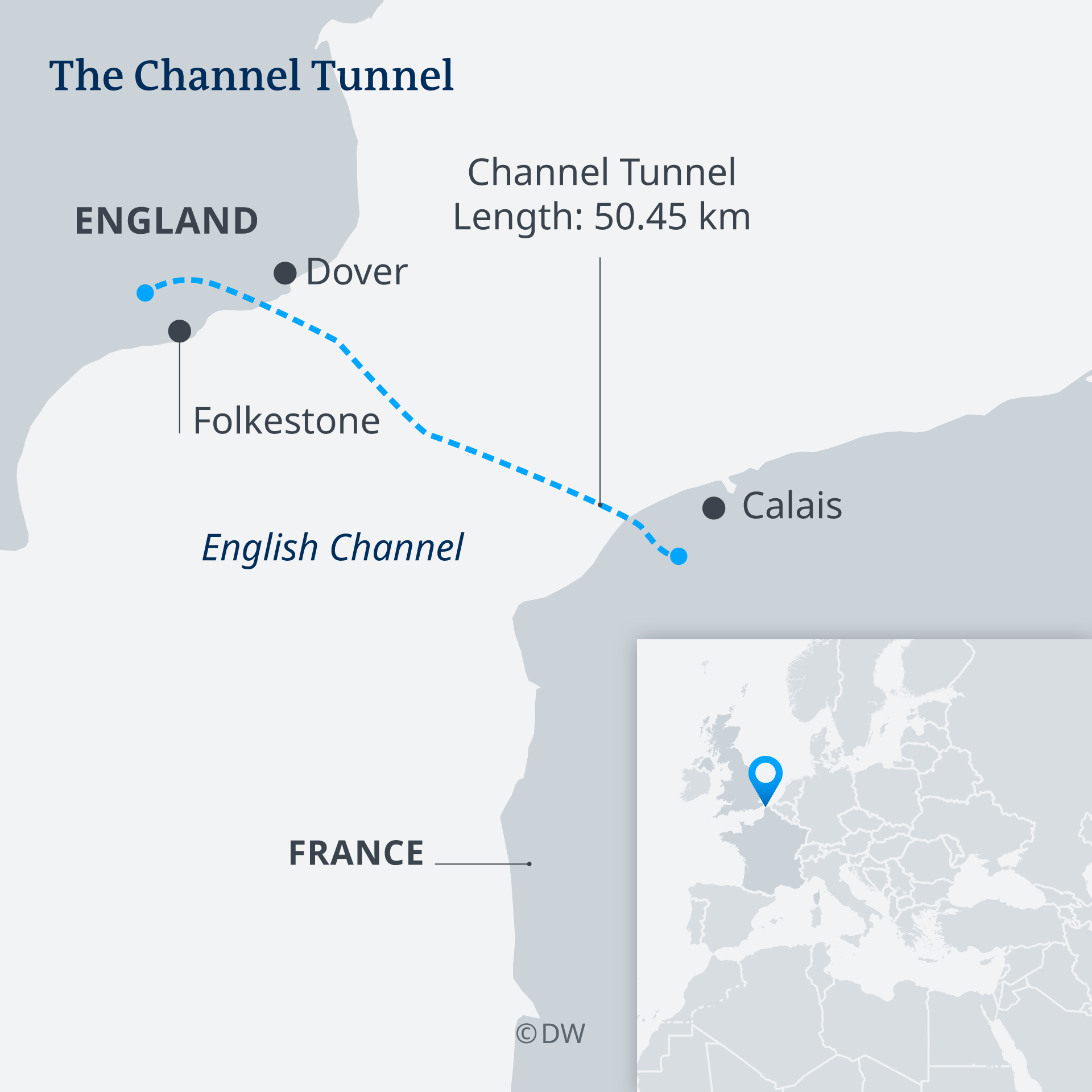 Une carte de la Manche à Calais montrant l'itinéraire de l'Eurotunnel