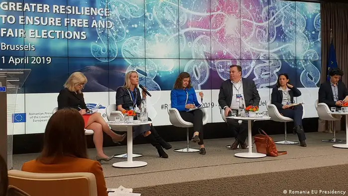 Finnish MEP candidate Aura Salla (with microphone) at a Romanian EU presidency debate on preventing election meddling.
