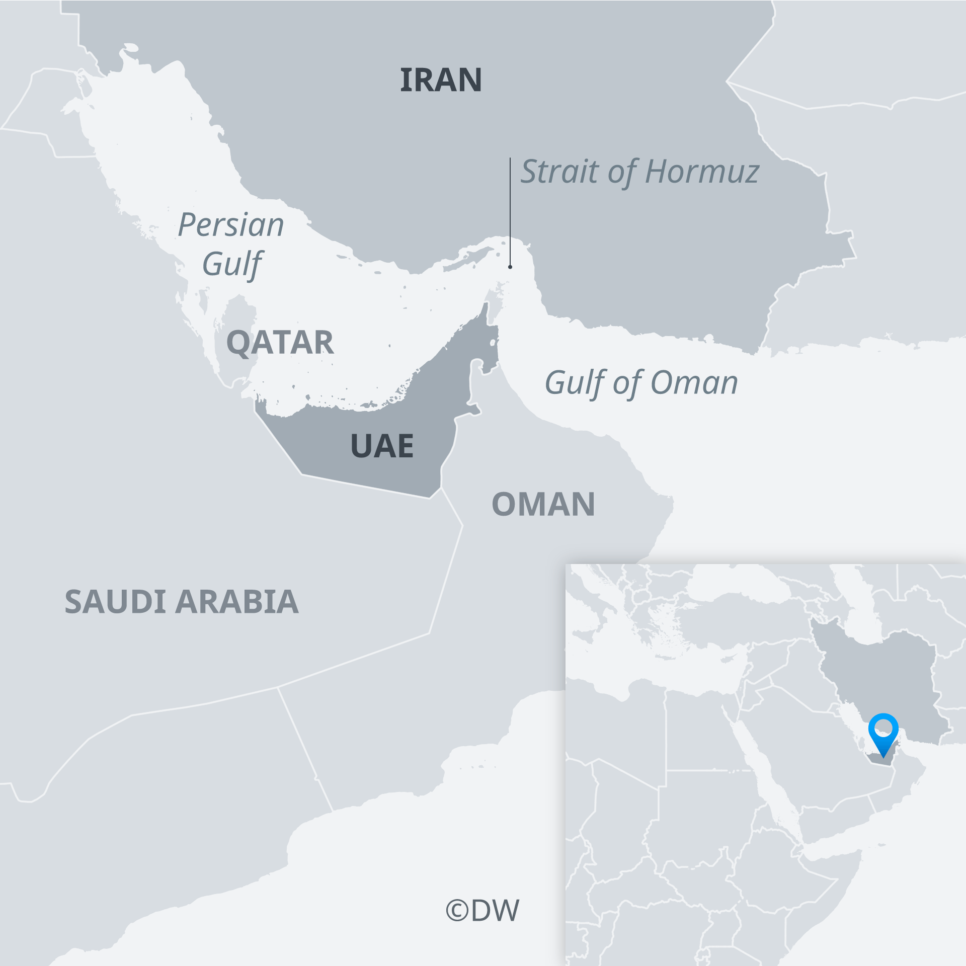 A map showing the Strait of Hormuz and the surrounding countries