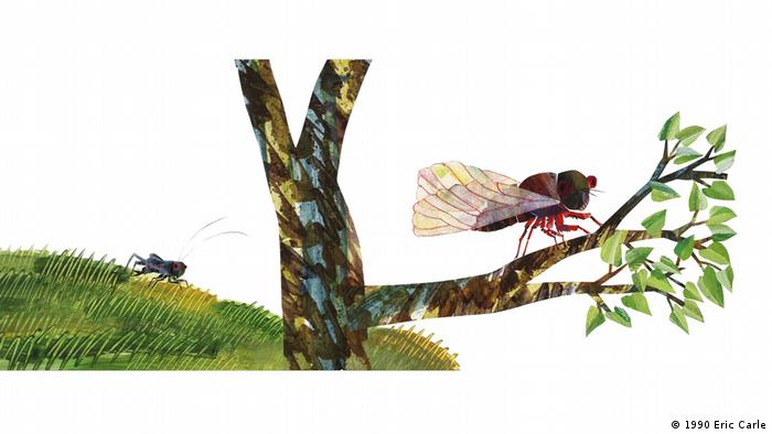 An illustration from The Very Quiet Cricket: a wasp on a branch and a cricket in the background in the grass (1990 Eric Carle)