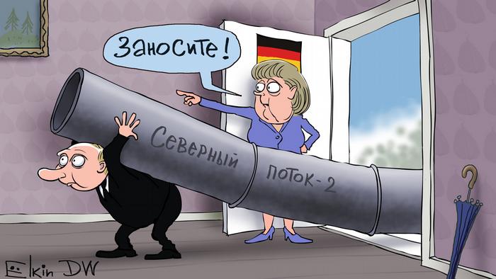 Карикатура Сергея Елкина: Путин заносит трубу Северного потока - 2 в квартиру Меркель