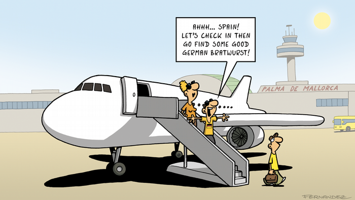  Fernandez cartoon: tourists getting off a plane and planning to get German bratwurst