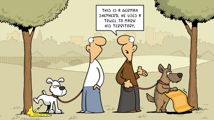 Fernandez cartoon: two dogs and their owners discussing how they mark their territory