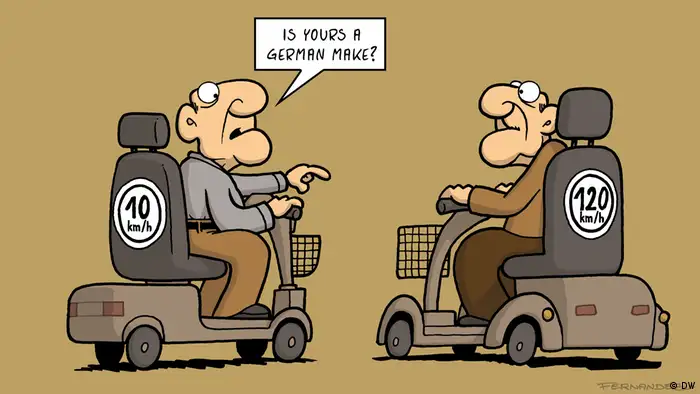 Two aged men sitting on motorized scooters (DW Euromaxx Comics von Fernandez That´s so german)