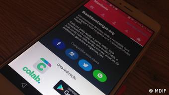 A smartphone screen shows the Brazilian App Colab