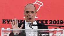 Yanis Varoufakis , leader of the anti-establishment European Realistic Disobedience Front (MeRA25) movement, DiEM25's electoral wing in Greece, delivers a speech during his main campaign rally in Athens on May 22, 2019 ahead of the European elections . (Photo by Louisa GOULIAMAKI / AFP) (Photo credit should read LOUISA GOULIAMAKI/AFP/Getty Images)