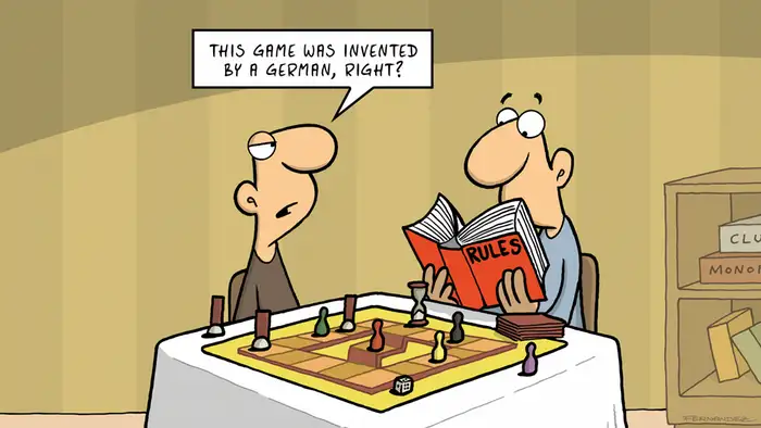 Two men playing chess, one reading the rule book (DW Euromaxx Comics von Fernandez | That´s so german Spielregeln | ENGLISH)