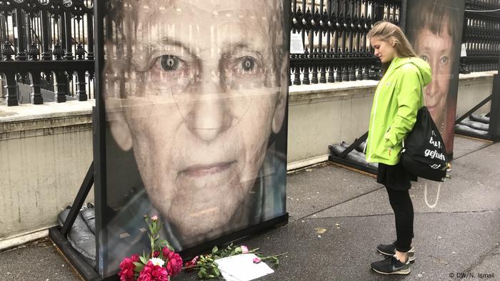 A poster of a Holocaust survivor in Vienna A poster of a Holocaust survivor in Vienna