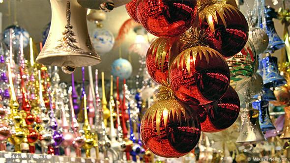 Colorful Christmas ornaments in a store.