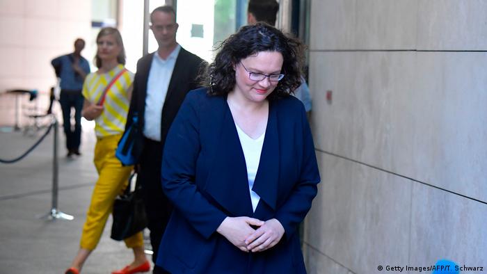 Outgoing Social Democratic Party (SPD) leader Andrea Nahles leaves her SPD party's headquarters in Berlin on June 3, 2019.