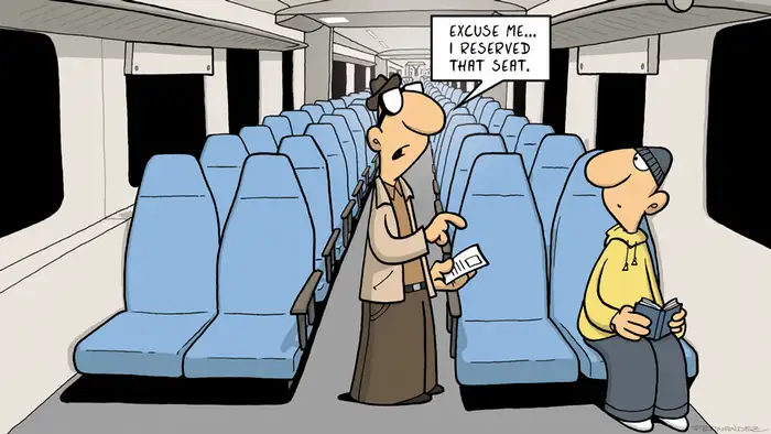 Fernandez cartoon: a man asking for another passenger to free his reserved seat