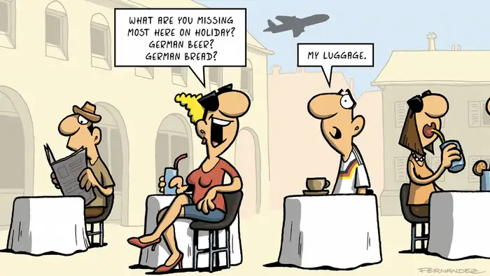 Fernandez cartoon, people at a cafe discussing what they miss.