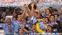 epa02840363 The Uruguayan team celebrates with the trophy their victory over Paraguay after the final of the Copa America 2011 between Uruguay and Paraguay in the Monumental stadium in Buenos Aires, Argentina, on 24 July 2011. Uruguay won by 3-0. EPA/Marcelo Sayão |