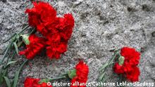 Red carnations on a tombstone. Pre Lachaise cemetery. | Verwendung weltweit