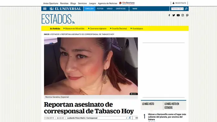 Captura de pantalla de El Universal, con la foto de la periodista asesinada Norma Sarabia.
