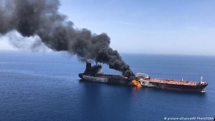 The Norwegian tanker Front Altair burning in the Gulf of Oman on June 13, 2019
