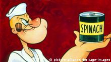 Popeye with a can of spinach, Popeye, the cartoon character created by EC Segar. (A. Noé - Index / Heritage-Images) | Verwendung weltweit, Keine Weitergabe an Wiederverkäufer.