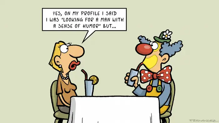 Fernandez cartoon That´s so German: a woman having a drink with a clown