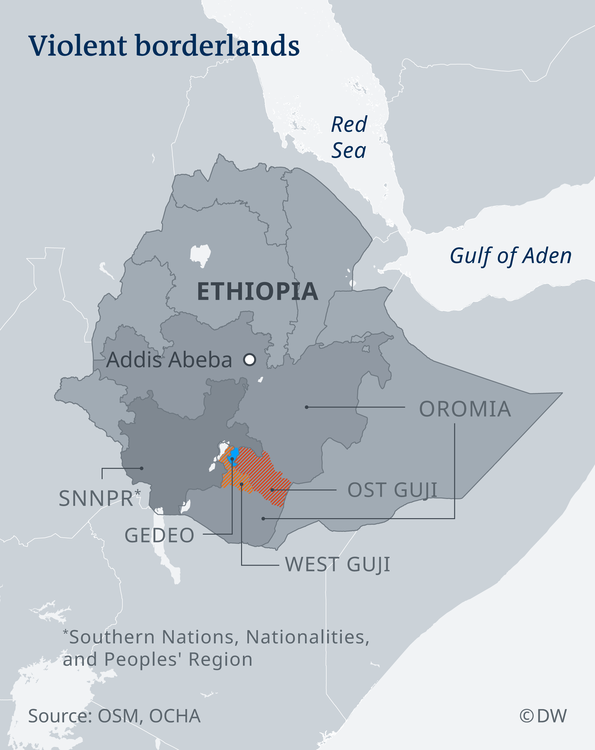 Map showing the locations of West and East Guji in the Oromia Region and Gedeo in the Southern Nations, Nationalities and People's Region 