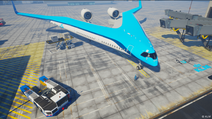 The Flying V concept aircraft from KLM and Delft University of Technology in a computer simulation