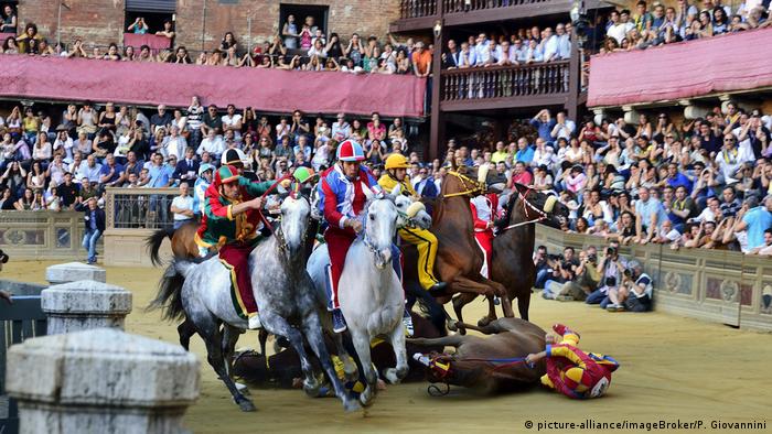 Italien Siena | Unfall bei einem Trainingslauf des historischen Pferderennens Palio di Siena (picture-alliance/imageBroker/P. Giovannini)