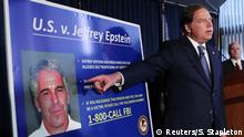 Geoffrey Berman, United States Attorney for the Southern District of New York, points to a photograph of Jeffrey Epstein as he announces the financier's charges of sex trafficking of minors and conspiracy to commit sex trafficking of minors, in New York, U.S., July 8, 2019. REUTERS/Shannon Stapleton