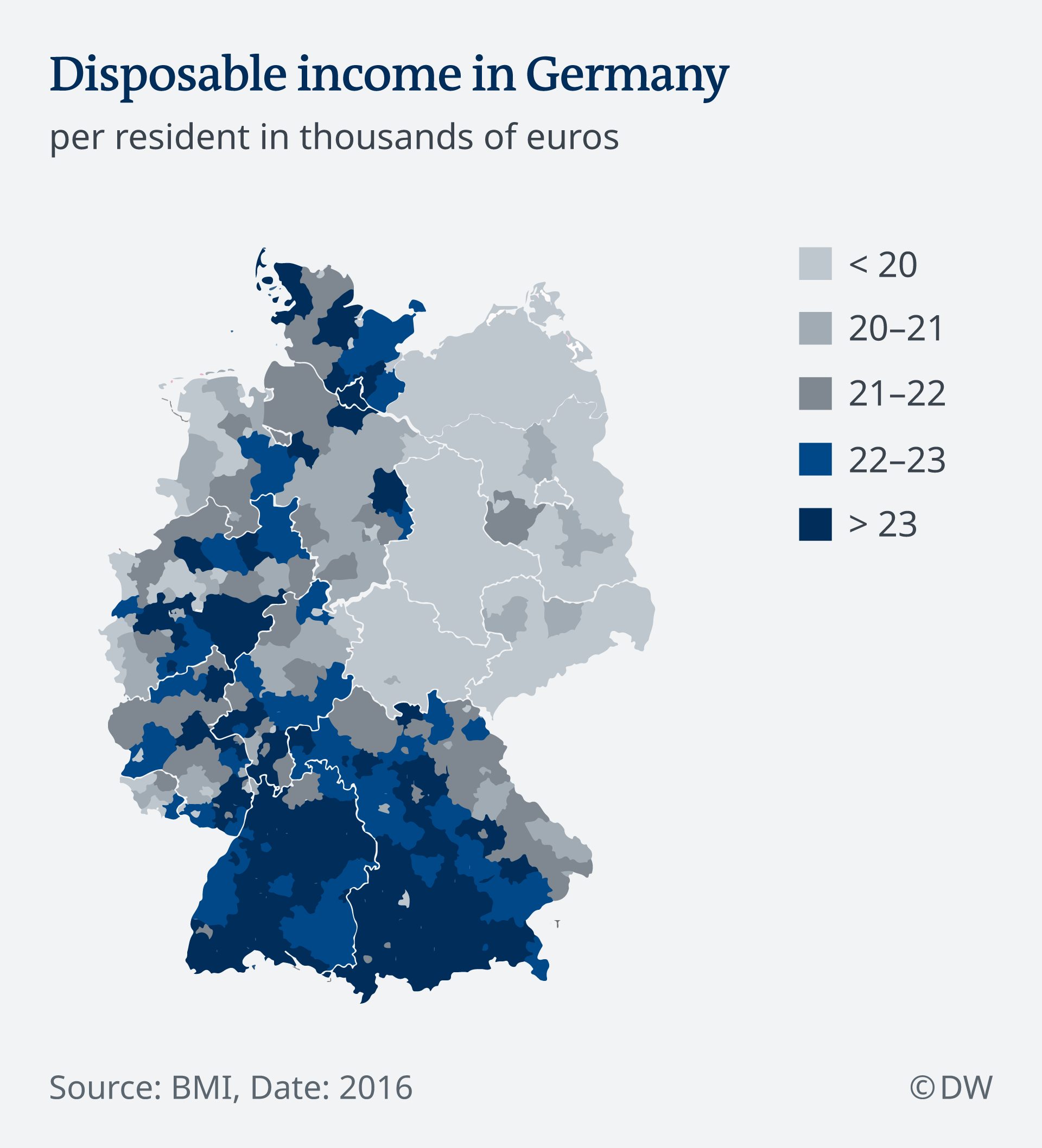 Prosječne godišnje neto plaće Nijemaca po saveznim zemljama (izraženo u tisućama eura) - statistika iz 2016.