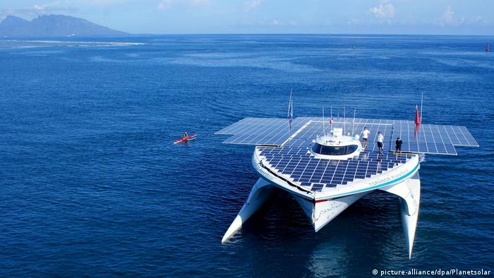 Solar-powered boat Turanor Planet Solar in the open ocean.