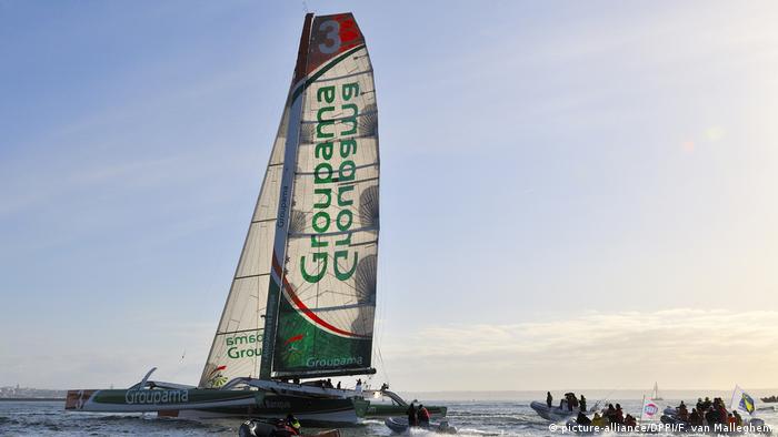Franck Cammas' winning sailboat of the Jules Vernes Trophy Around the World Record arriving in Brest, France in 2010.