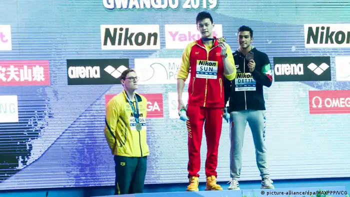 Gwangju 2019 FINA World Championships: - Mack Horton, Sun Yang und Gabriele Detti (picture-alliance/dpa/MAXPPP/VCG)