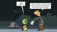 Fernandez cartoon of an alien meeting a bureaucrat