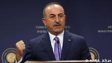 Turkish Foreign Minister Mevlut Cavusoglu and Nicaragua's Foreign Minister (not seen) hold a joint press conference in Ankara on July 24, 2019. (Photo by Adem ALTAN / AFP)