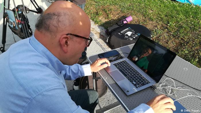 Environemnt activist Francisco Ferreira checking his computer for the latest readings of noise levels from the Lisbon airport