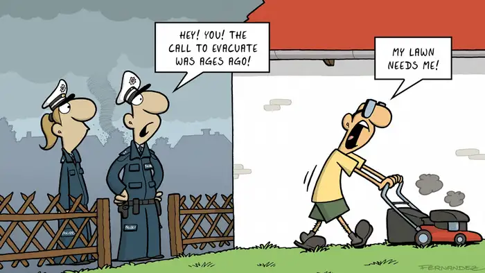 Fernandez cartoon: police officers talking with a man mowing his lawn