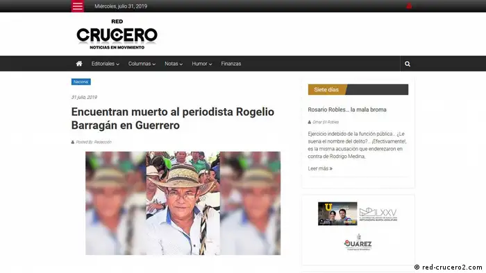 Captura de pantalla de Crucero, con la foto del periodista asesinado Rogelio Barragán.