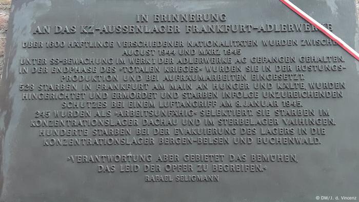 Gedenktafel am Gebäude der ehemaligen Adlerwerke in Frankfurt am Main