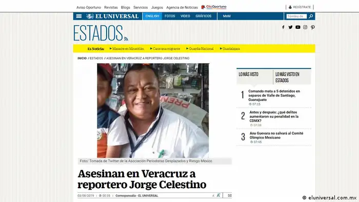 Captura de pantalla de El Univesal sobre el asesinato del periodista Jorge Celestino Ruiz.