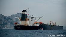(FILES) In this file photo taken on July 06, 2019 A picture shows supertanker Grace 1 off the coast of Gibraltar. - Gibraltar's Supreme Court ruled on August 15, 2019 to release an Iranian supertanker seized last month on suspicion of shipping oil to Syria in breach of EU sanctions, despite a last-minute US request to detain the vessel. (Photo by JORGE GUERRERO / AFP)