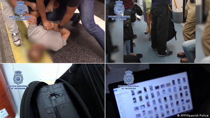 A composite of four photographs of Spanish police arresting a man for taking illicit upskirt photos in Madrid