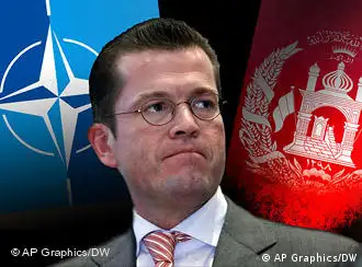 Karl Thesodor zu Guttenberg's head is superimposed between the flag of NATO and Afghanistan